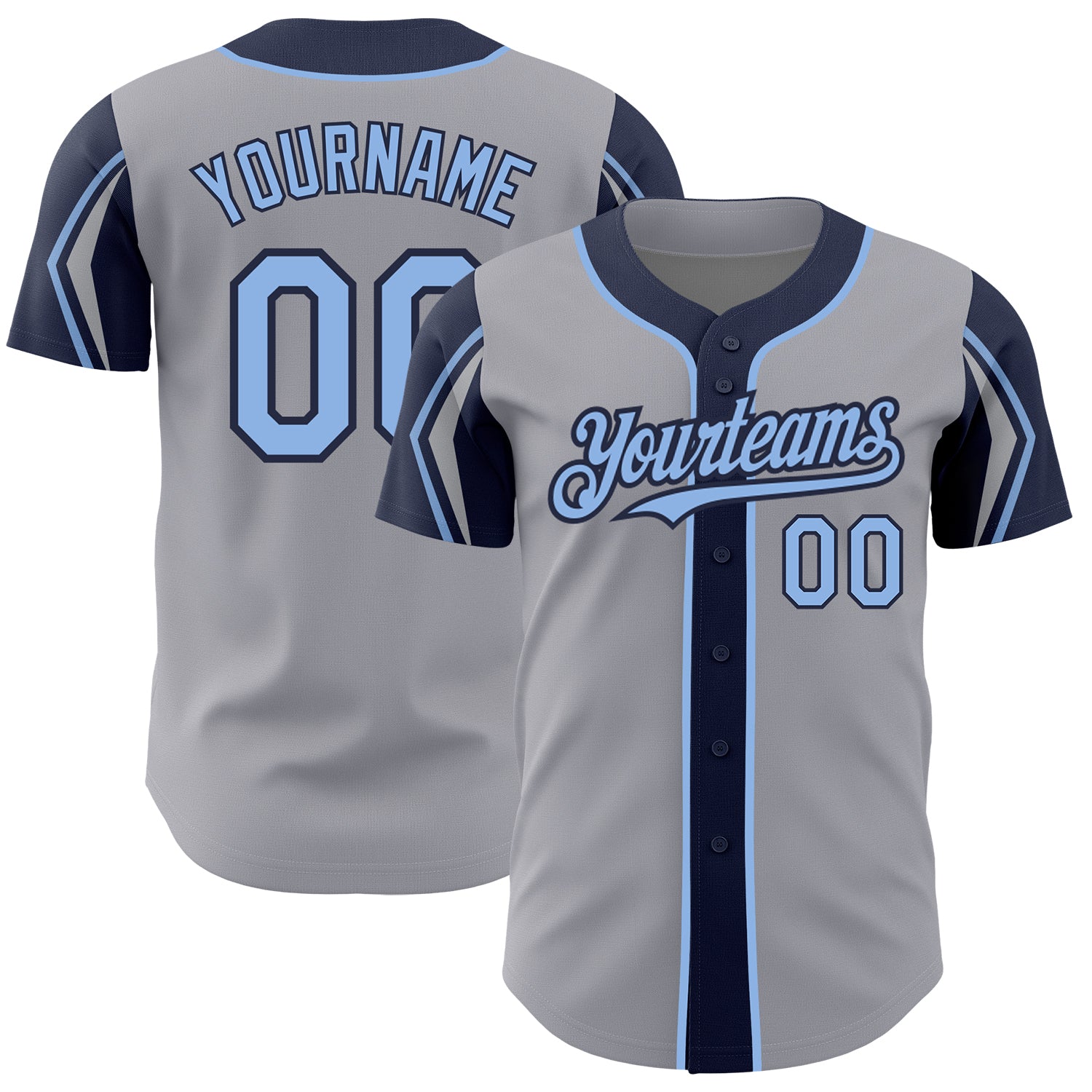 Personalized Baseball Jersey with Custom Name and Number in Gray Light Blue and Navy - Authentic Team Apparel Personalized