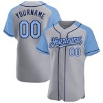 Custom Team Baseball Jersey Personalized Gray Light Blue Navy Raglan Sleeves with Name and Number Personalized Gray Light