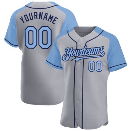 Custom Team Baseball Jersey Personalized Gray Light Blue Navy Raglan Sleeves with Name and Number Personalized Gray Light