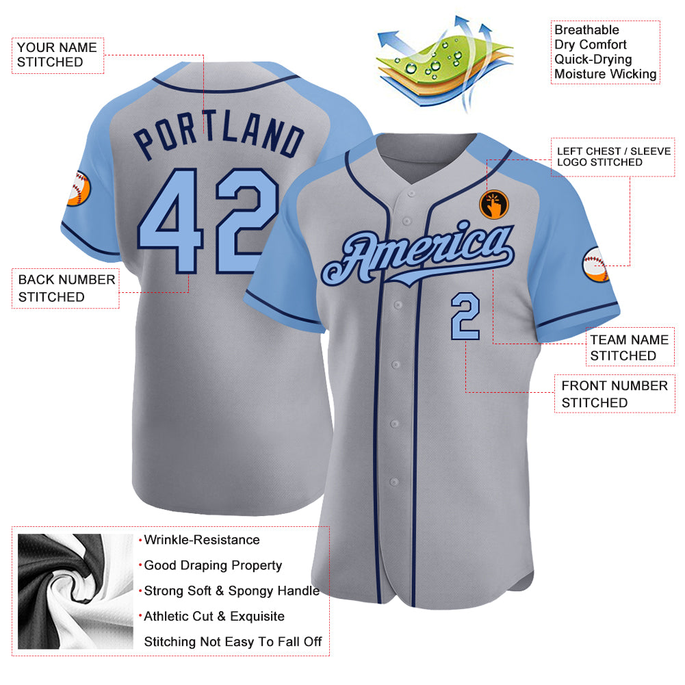 Personalized Gray Light Blue-Navy Authentic Raglan Sleeves Baseball Jersey Team Custom Name and Number Custom Team Baseball Jersey Personalized Gray Light Blue Navy Raglan Sleeves with Name and Number Personalized Gray Light - Image 3