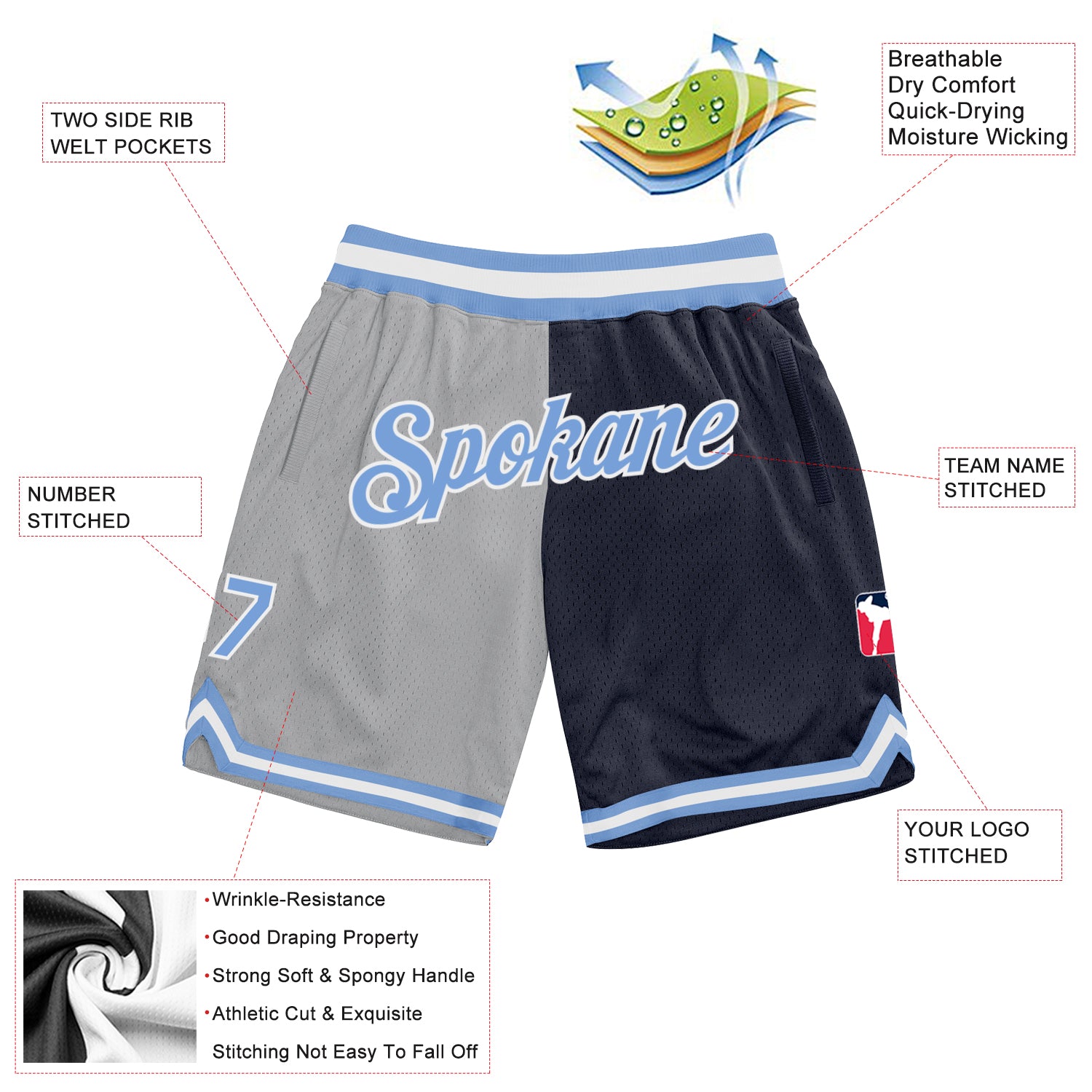 Personalized Gray Light Blue-Navy Authentic Throwback Split Fashion Basketball Shorts Team Custom Name and Number Custom Team Name Number Basketball Shorts - Personalized Gray Light Blue Navy Authentic Throwback Split Fashion Personalized - Image 2