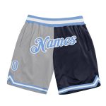 Custom Team Name Number Basketball Shorts - Personalized Gray Light Blue Navy Authentic Throwback Split Fashion Personalized
