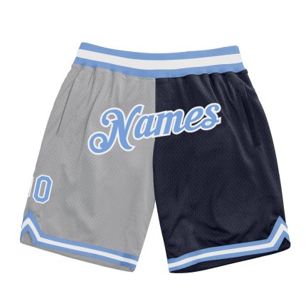 Custom Team Name Number Basketball Shorts - Personalized Gray Light Blue Navy Authentic Throwback Split Fashion Personalized