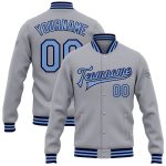 Custom Team Name Number Bomber Varsity Letterman Jacket Gray Light Blue Navy Full-Snap Personalized Personalized Gray Light