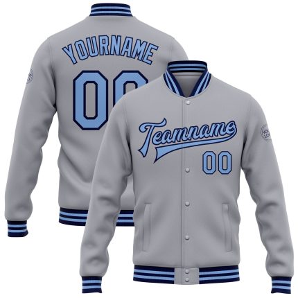 Custom Team Name Number Bomber Varsity Letterman Jacket Gray Light Blue Navy Full-Snap Personalized Personalized Gray Light