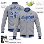 Custom Team Name Number Bomber Varsity Letterman Jacket Gray Light Blue Navy Full-Snap Personalized Personalized Gray Light