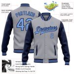 Custom Name and Number Varsity Letterman Two-Tone Bomber Jacket in Gray Light Blue Navy - Personalized Full-Snap Style Personalized