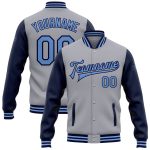 Custom Name and Number Varsity Letterman Two-Tone Bomber Jacket in Gray Light Blue Navy - Personalized Full-Snap Style Personalized