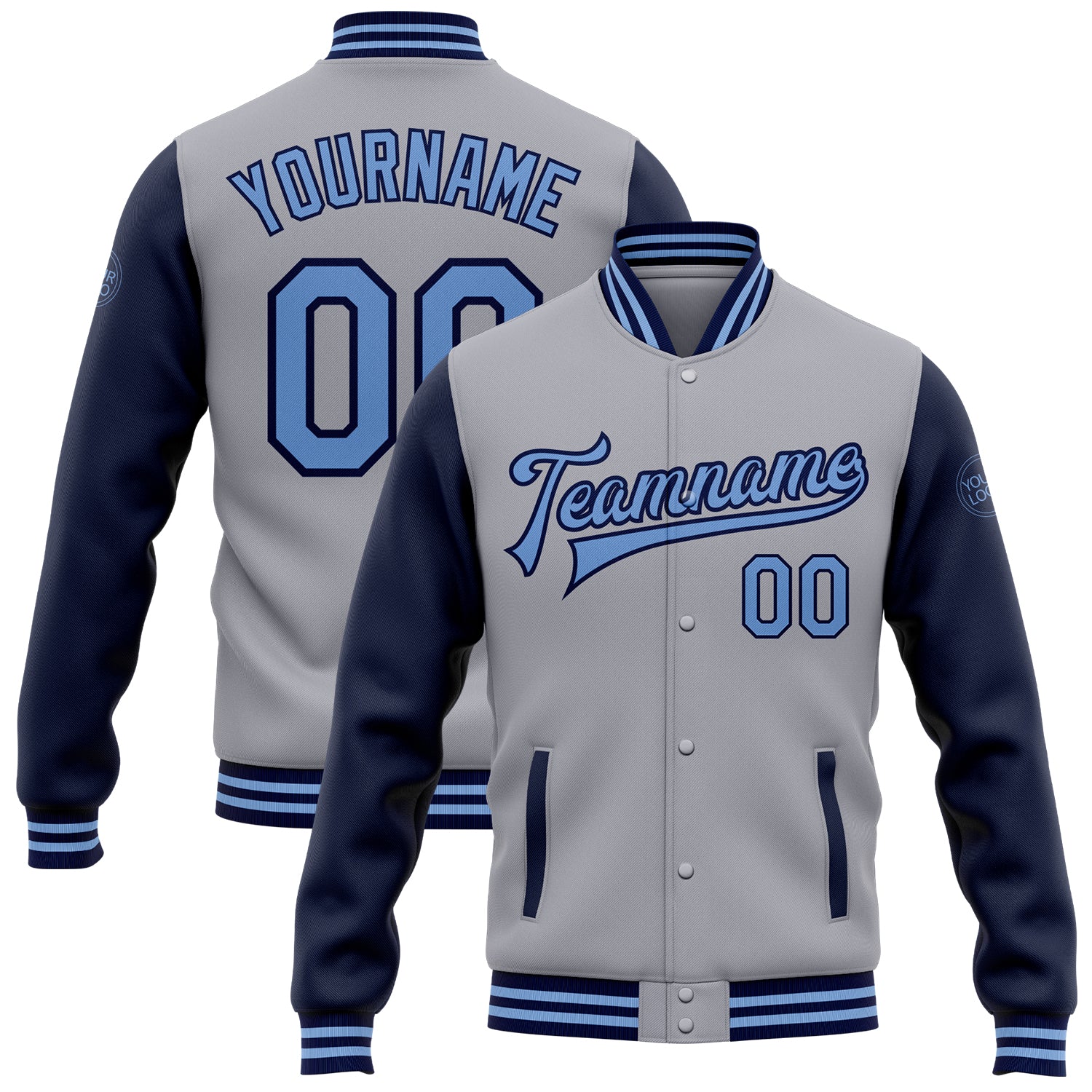 Custom Name and Number Varsity Letterman Two-Tone Bomber Jacket in Gray Light Blue Navy - Personalized Full-Snap Style Personalized
