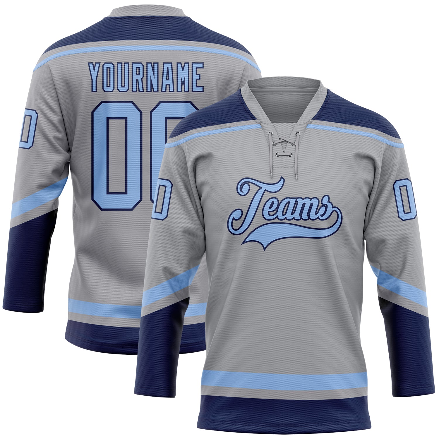 Custom Name and Number Hockey Jersey in Gray Light Blue and Navy - Personalized Team Apparel Personalized Gray Light Blue-Navy