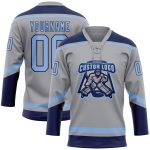 Custom Name and Number Hockey Jersey in Gray Light Blue and Navy - Personalized Team Apparel Personalized Gray Light Blue-Navy