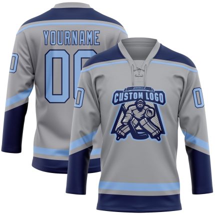 Custom Name and Number Hockey Jersey in Gray Light Blue and Navy - Personalized Team Apparel Personalized Gray Light Blue-Navy