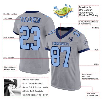 Customizable Gray Light Blue Navy Mesh Football Jersey with Personalized Name & Number - Authentic Team Style Personalized