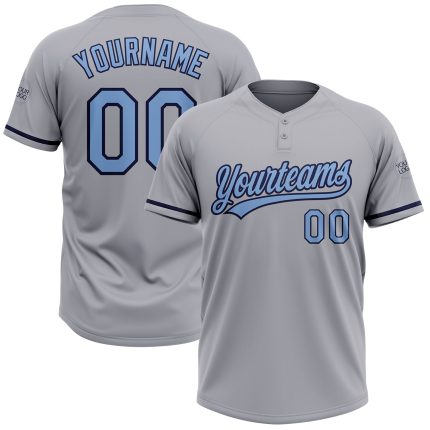 Custom Name and Number Unisex Softball Jersey - Personalized Gray Light Blue-Navy Two-Button Design Personalized Gray Light