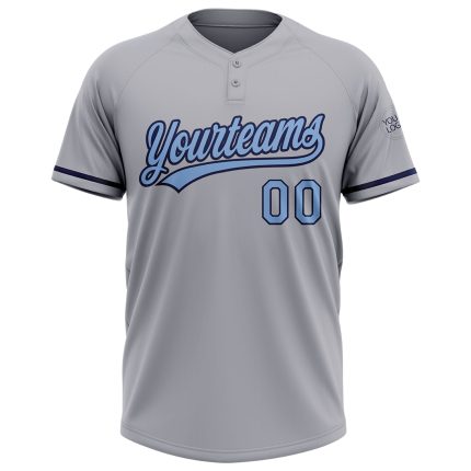 Custom Name and Number Unisex Softball Jersey - Personalized Gray Light Blue-Navy Two-Button Design Personalized Gray Light