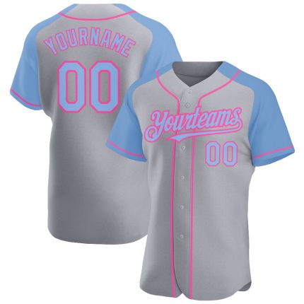 Custom Name and Number Personalized Baseball Jersey in Gray Light Blue-Pink Authentic Raglan Sleeves Personalized Gray Light