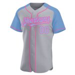 Custom Name and Number Personalized Baseball Jersey in Gray Light Blue-Pink Authentic Raglan Sleeves Personalized Gray Light