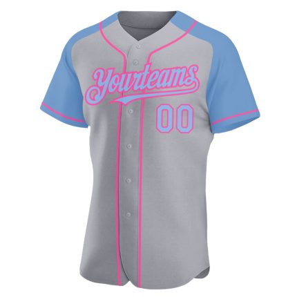Custom Name and Number Personalized Baseball Jersey in Gray Light Blue-Pink Authentic Raglan Sleeves Personalized Gray Light