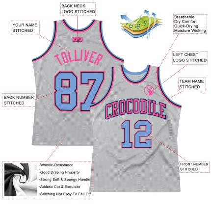 Custom Basketball Jersey Personalized with Name & Number - Gray Light Blue-Pink Authentic Throwback Jersey Personalized Gray