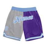 Custom Team Basketball Shorts with Name and Number - Personalized Gray Light Blue-Purple Throwback Split Fashion Design Personalized