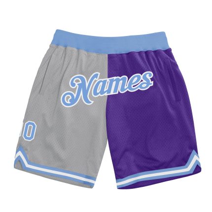Custom Team Basketball Shorts with Name and Number - Personalized Gray Light Blue-Purple Throwback Split Fashion Design Personalized