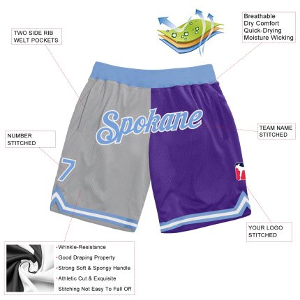 Custom Team Basketball Shorts with Name and Number - Personalized Gray Light Blue-Purple Throwback Split Fashion Design Personalized
