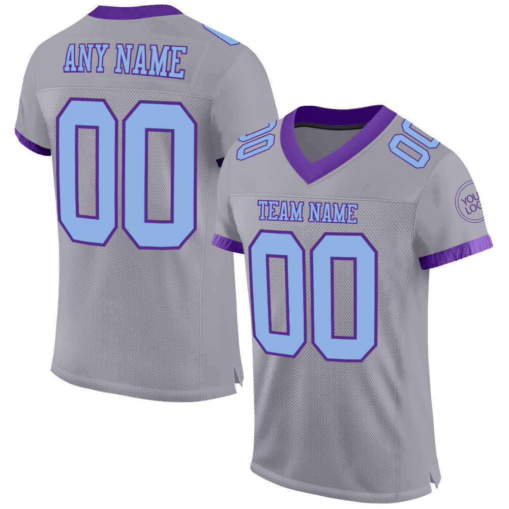 Custom Team Name Number Gray Light Blue-Purple Authentic Football Jersey - Personalized Mesh Jersey Personalized Gray Light
