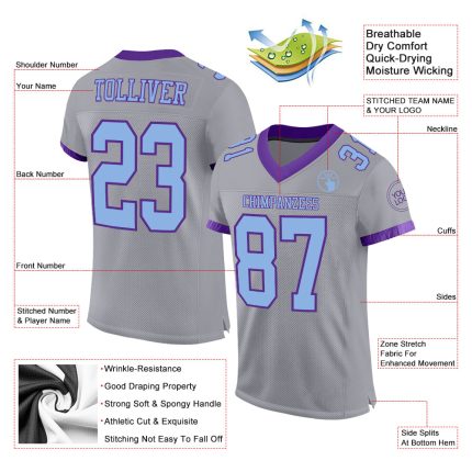 Custom Team Name Number Gray Light Blue-Purple Authentic Football Jersey - Personalized Mesh Jersey Personalized Gray Light