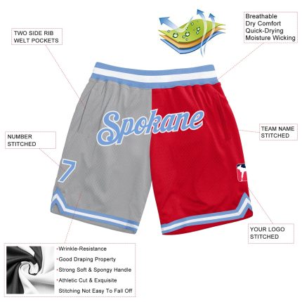 Custom Name Number Personalized Basketball Shorts Light Blue Gray Red Throwback Split Style Personalized Gray Light Blue-Red