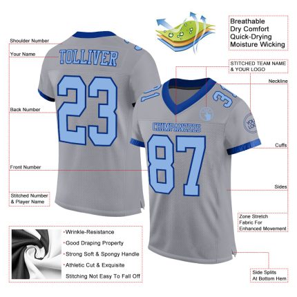 Custom Football Jersey - Personalized Mesh Jersey in Gray and Light Blue-Royal with Name and Number Personalized Gray Light