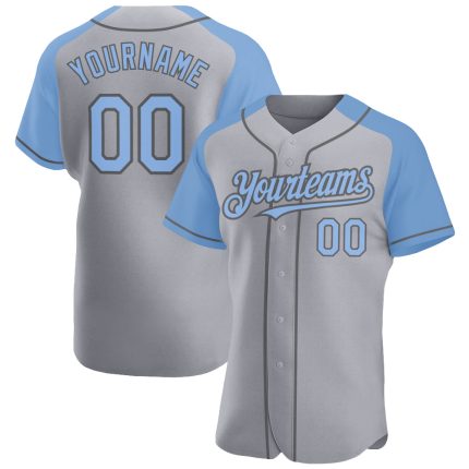 Custom Name and Number Baseball Jersey, Personalized Gray and Light Blue Raglan Sleeves, Authentic Team Gear Personalized