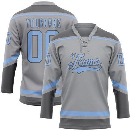 Custom Name Number Hockey Jersey - Personalized Gray Light Blue Steel Gray Lace Neck Team Jersey Personalized Gray Light