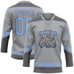 Custom Name Number Hockey Jersey - Personalized Gray Light Blue Steel Gray Lace Neck Team Jersey Personalized Gray Light