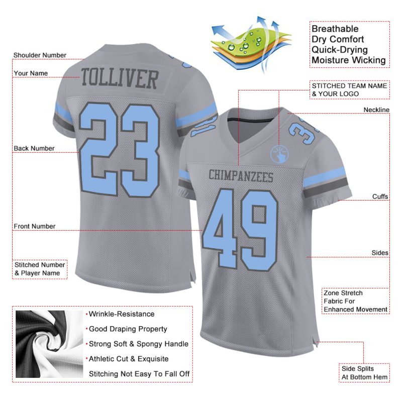Custom Team Football Jersey with Personalized Name and Number - Gray Light Blue-Steel Gray Mesh Authentic Jersey Personalized