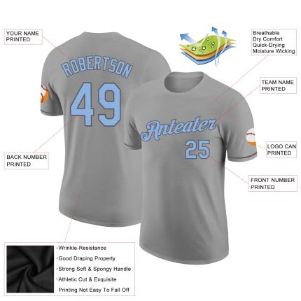 Custom Performance T-Shirt Personalized Team Gray Light Blue-Steel Gray with Name and Number Personalized Gray Light Blue-Steel