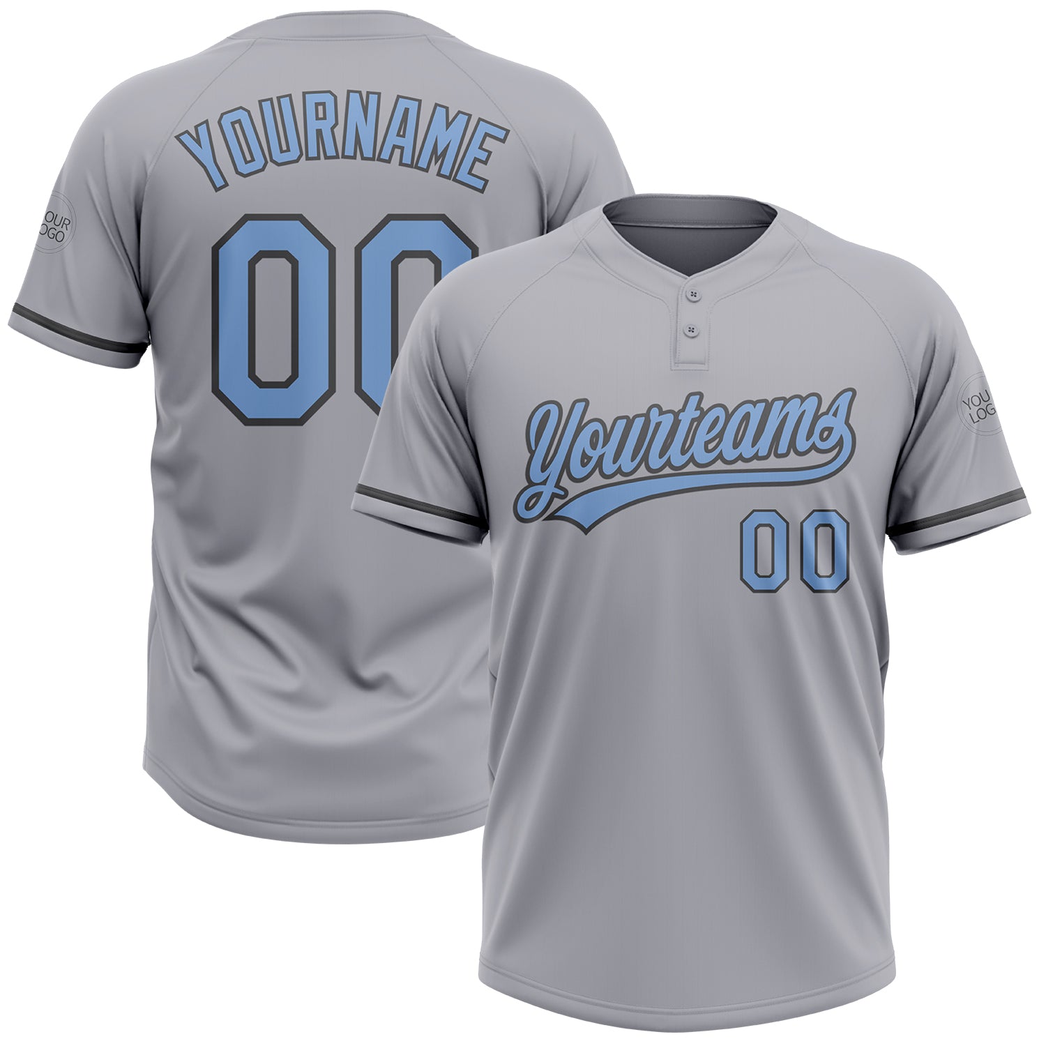 Custom Team Name and Number Gray Light Blue Two-Button Unisex Softball Jersey Personalized Gray Light Blue-Steel Gray Two-Button