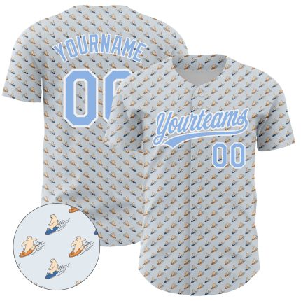 Custom Bear Surfing Baseball Jersey - Personalized Gray Light Blue 3D Pattern with Name & Number Personalized Gray Light