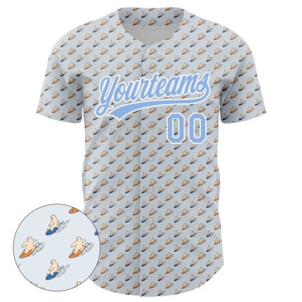 Custom Bear Surfing Baseball Jersey - Personalized Gray Light Blue 3D Pattern with Name & Number Personalized Gray Light