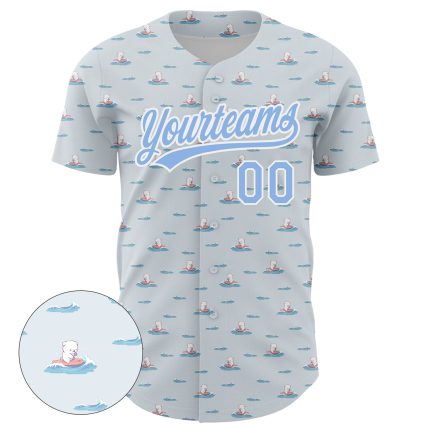 Custom Dog Surfing Baseball Jersey with 3D Gray Light Blue-White Design, Personalized Name and Number, Authentic Team Gear