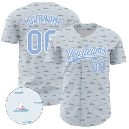 Custom Dog Surfing Baseball Jersey with 3D Gray Light Blue-White Design, Personalized Name and Number, Authentic Team Gear