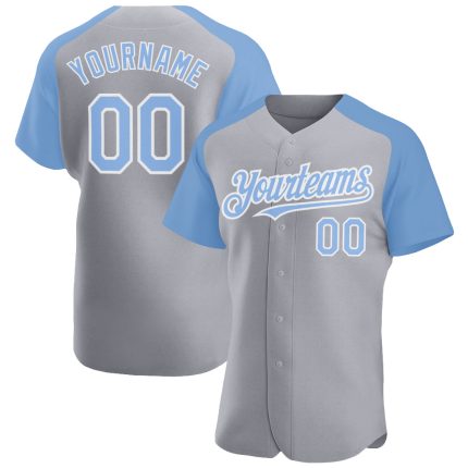 Custom Name and Number Baseball Jersey - Personalized Gray Light Blue White Authentic Raglan Sleeves Personalized Gray Light
