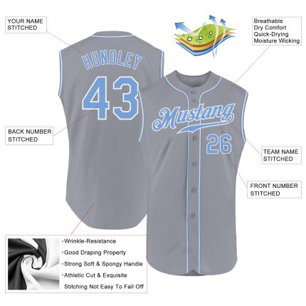Custom Name Number Sleeveless Baseball Jersey - Personalized Gray Light Blue White Authentic Team Apparel Personalized Gray