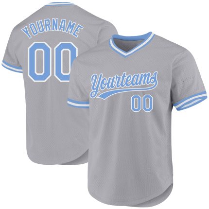 Custom Authentic Throwback Baseball Jersey - Personalized Gray Light Blue-White with Team Name & Number Personalized Gray