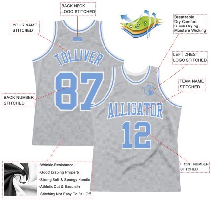 Customizable Basketball Jersey with Personalized Name and Number - Gray Light Blue-White Authentic Throwback Style Personalized