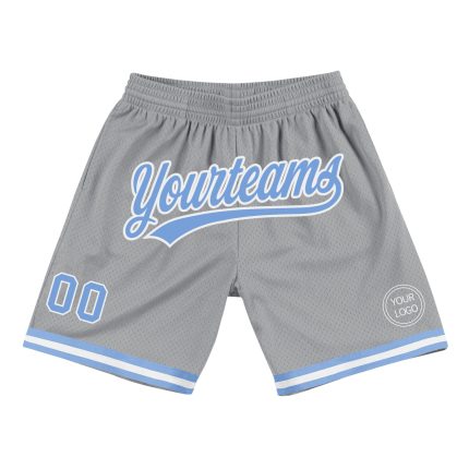 Personalized Gray Light Blue White Basketball Shorts - Authentic Throwback Style Personalized Gray Light Blue-White Authentic