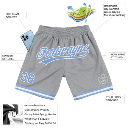 Personalized Gray Light Blue White Basketball Shorts - Authentic Throwback Style Personalized Gray Light Blue-White Authentic