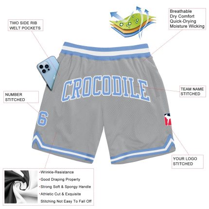 Customizable Gray Light Blue Basketball Shorts with Team Name and Number - Authentic Throwback Design Personalized Gray Light