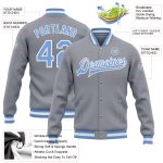 Custom Team Name Number Personalized Varsity Letterman Bomber Jacket Gray Light Blue-White Full-Snap Personalized Gray Light