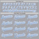 Custom Team Name Number Varsity Letterman Jacket Gray Light Blue White Bomber Full-Snap Two Tone Personalized Gray Light