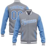 Custom Team Name Number Varsity Letterman Jacket Gray Light Blue White Bomber Full-Snap Two Tone Personalized Gray Light